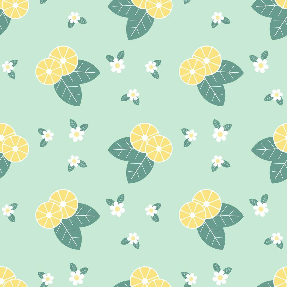desatado padrão, hortelã folhas e camomila flores com limão fatias, topo ver.imprimir, fundo, vetor