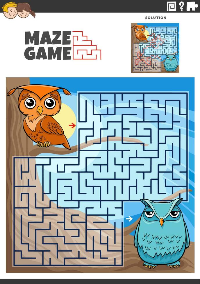 Labirinto jogos atividade com desenho animado olws pássaros animal personagens vetor