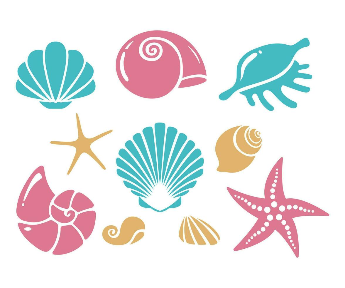 mar conchas, estrelas do mar, ostra e molusco . conjunto do mar vida. mão desenhado vetor ilustração