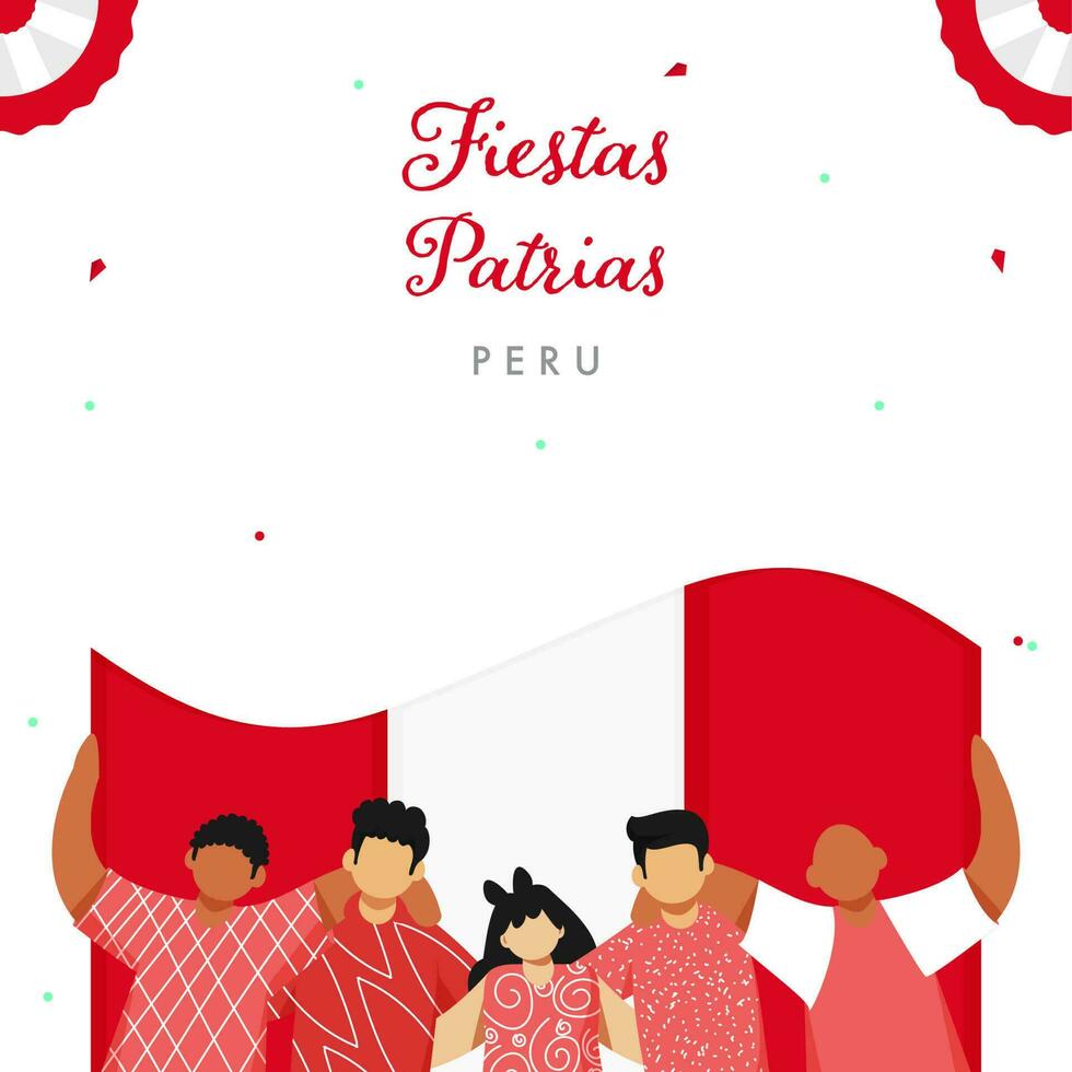 festas patrias Peru poster Projeto com sem rosto pessoas segurando peruano bandeira em branco fundo. vetor
