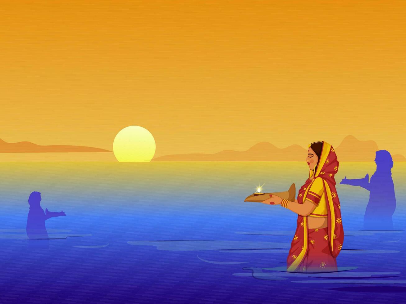 indiano regional festival do Bihar Estado conversar, hindu religioso mulher adorando a configuração Sol às rio banco. vetor
