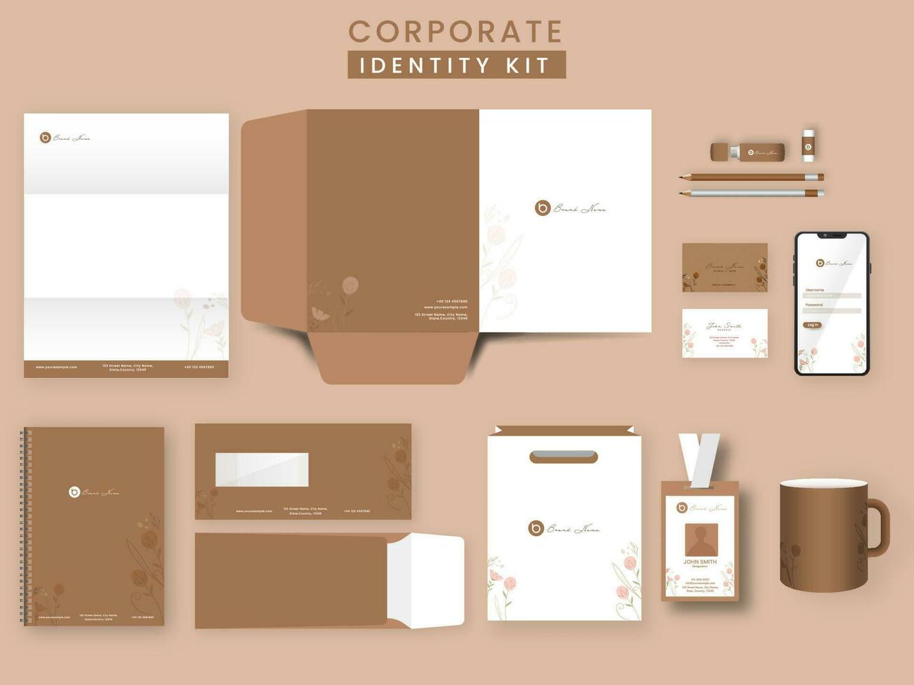 corporativo identidade kit Como pasta a4, papel timbrado, diário, dois lados envelope, visitando, Eu iria cartão, caneca, instantâneo dirigir, Smartphone e papel saco dentro Castanho e branco cor. vetor