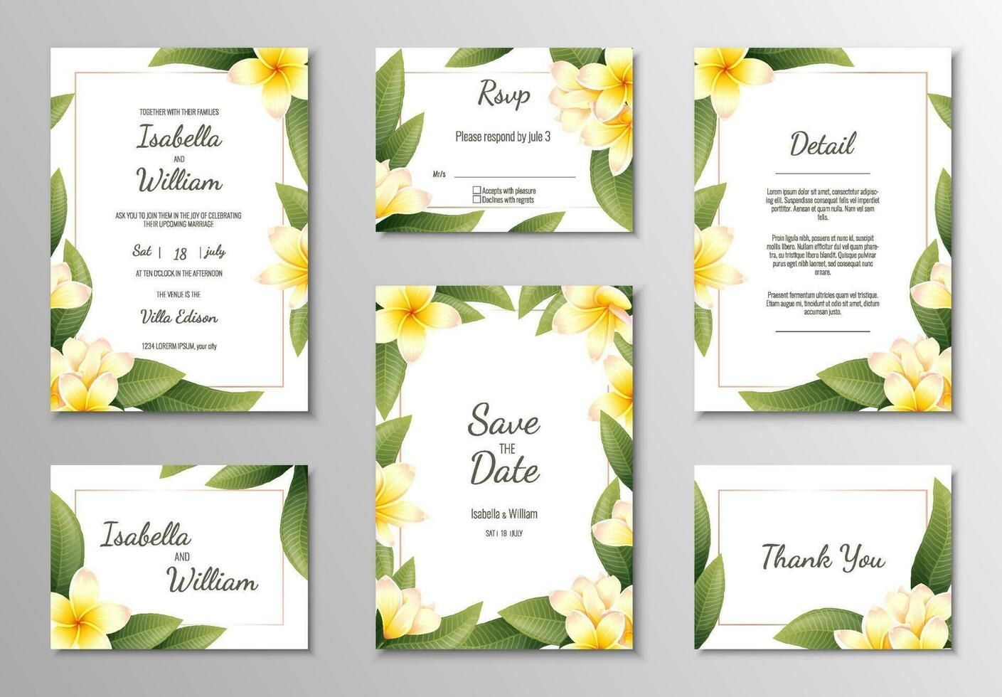 conjunto do Casamento modelos, bandeiras, convites para a feriado.lindo cartão postal decoração com amarelo frangipani. vetor