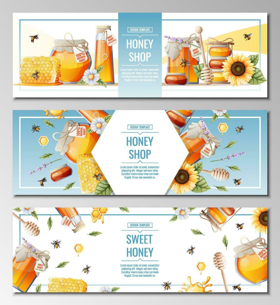 conjunto do bandeira modelos com querida produtos. querida loja.ilustração do uma jarra do mel, favos de mel, abelhas, flores Projeto para rótulo, folheto, poster, anúncio. vetor
