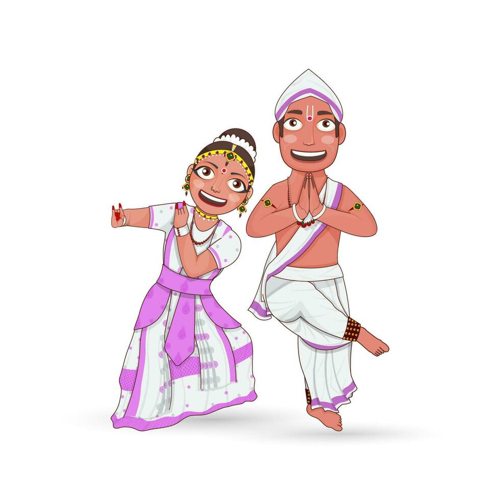 jovem casal realizando sattriya clássico dança do Assam dentro tradicional traje. vetor