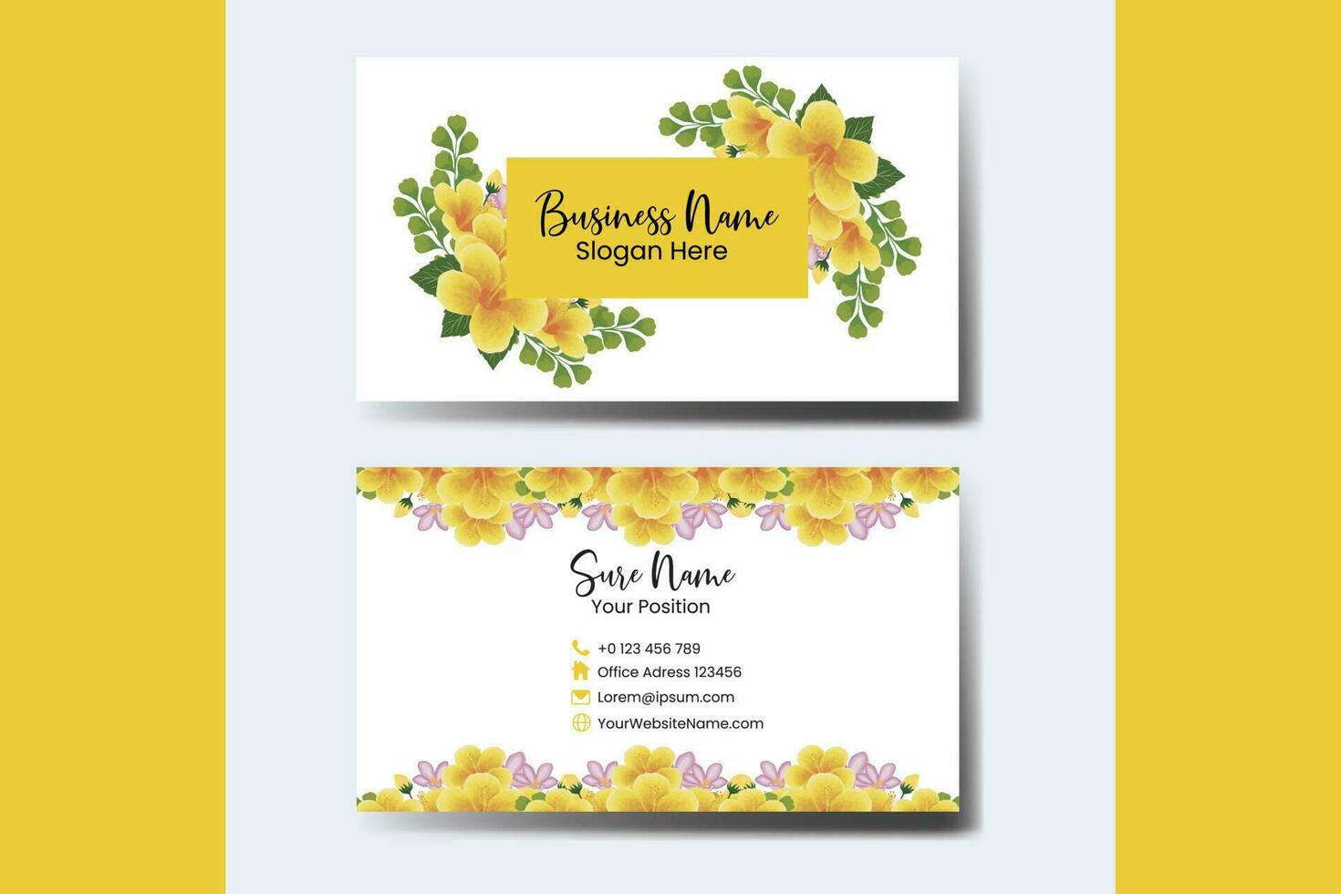 o negócio cartão modelo amarelo hibisco flor .dupla face amarelo cores. plano Projeto vetor ilustração. papelaria Projeto