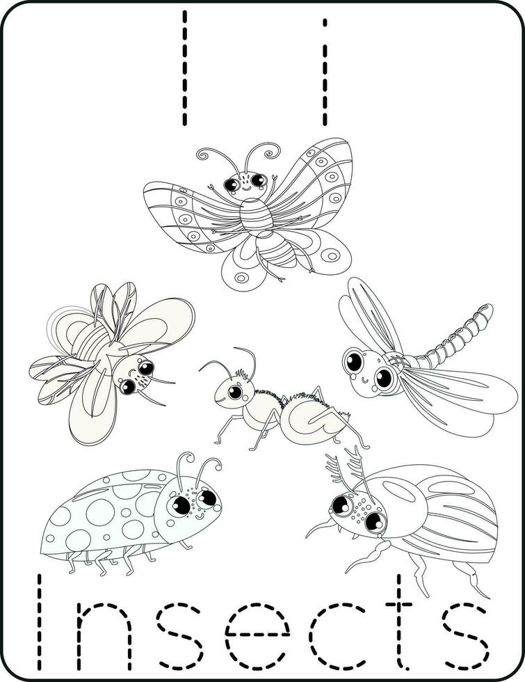 carta ii maiúscula e minúsculas, fofa crianças coloração insetos, abc alfabeto rastreamento prática planilha do insetos para crianças Aprendendo Inglês vocabulário, e caligrafia vetor ilustração