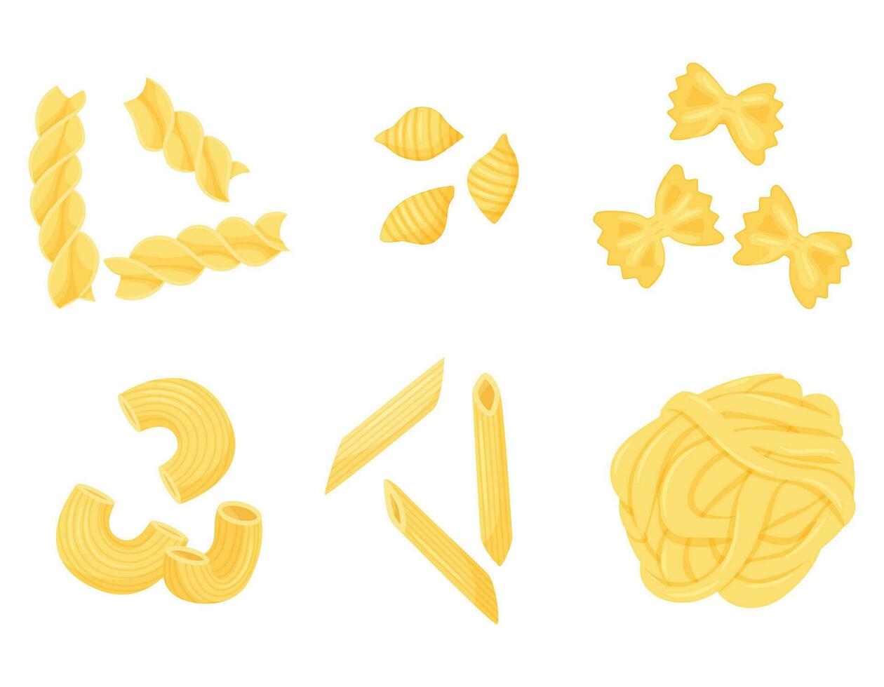 uma conjunto do diferente tipos do massa. Macarrão Penne, Farfalle, fettuccine, conchiglie, gomiti rigatti, fusilli. plano, desenho animado estilo. cor vetor ilustração isolado em uma branco fundo.