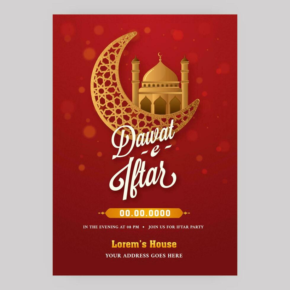 dawat-e-iftar folheto Projeto com dourado crescente lua e mesquita em vermelho fundo. vetor