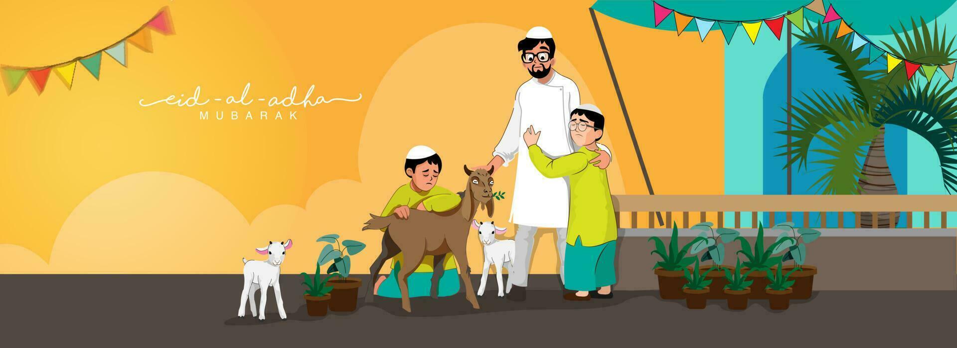 ilustração do muçulmano homem com dele filhos e cabras personagem em Broan e laranja fundo para eid-al-adha mubarak. vetor