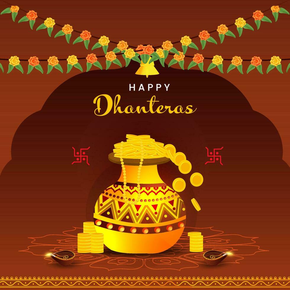 feliz dhanteras conceito com ouro Tesouro Panela, aceso óleo lâmpadas, Sino e floral festão em Castanho fundo. vetor