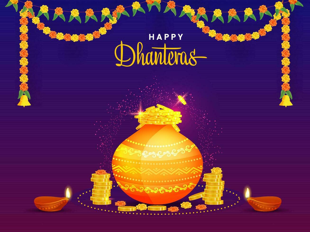 feliz dhanteras celebração fundo com dourado moedas dentro lama Panela, aceso óleo lâmpadas e floral festão. vetor