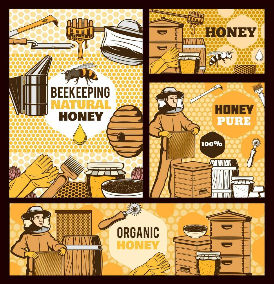 querida abelha, colmeias, apicultores com apiário Ferramentas vetor