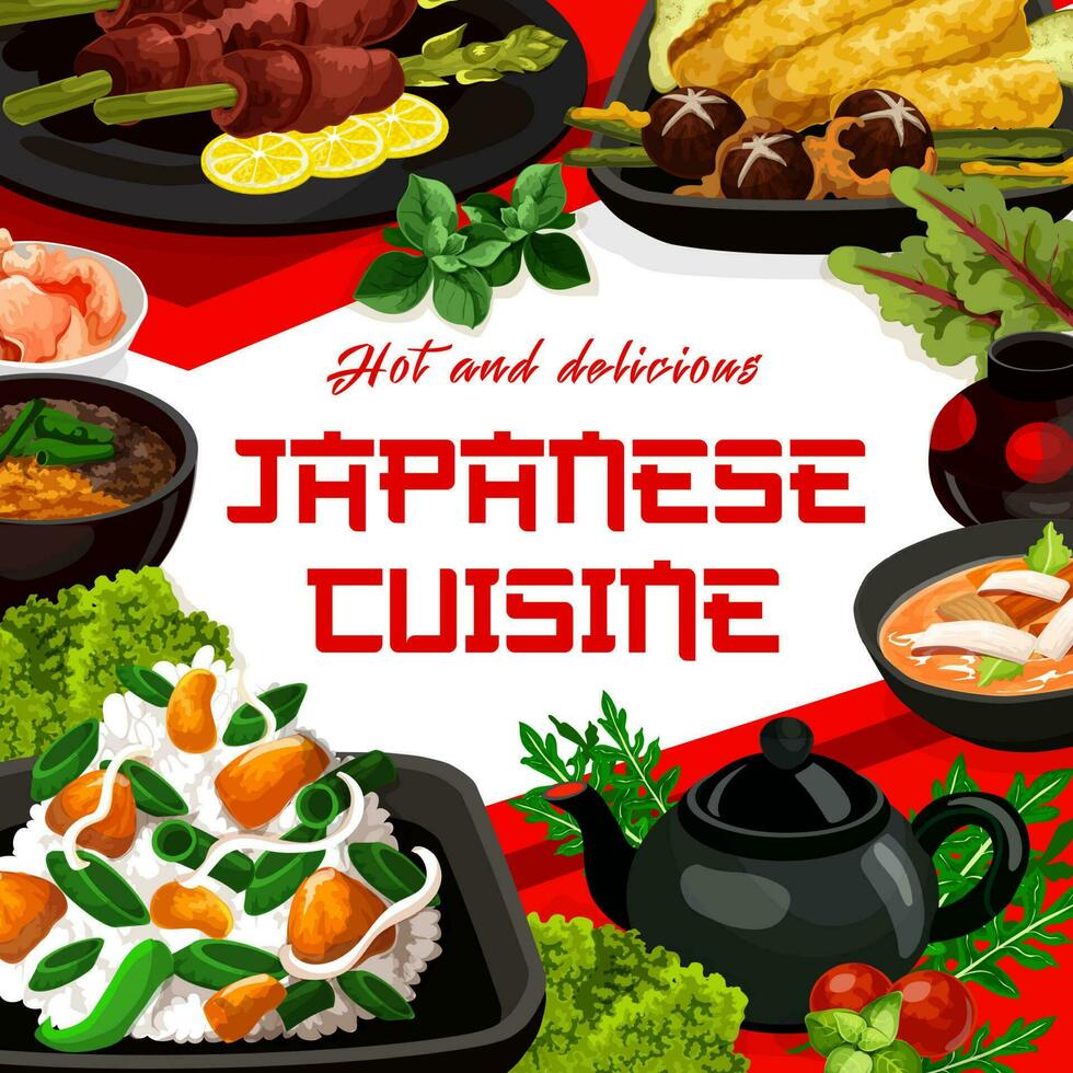 japonês cozinha cardápio, frutos do mar e carne pratos vetor