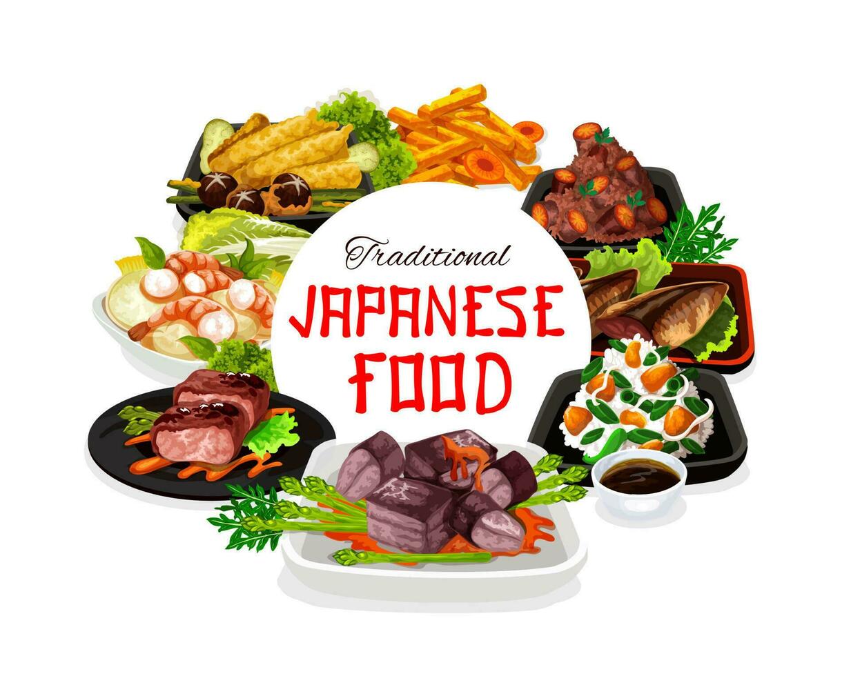 japonês cozinha cardápio, carne e frutos do mar pratos vetor