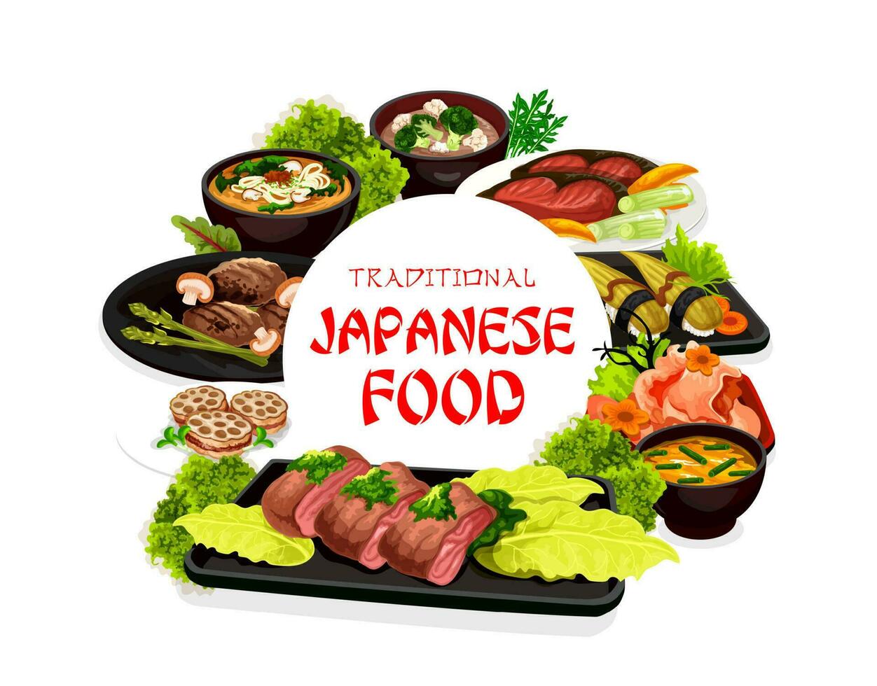 japonês tradicional comida, ásia cozinha pratos vetor