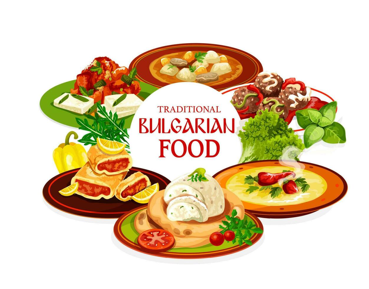 búlgaro comida, carne vegetal pratos com bolo vetor