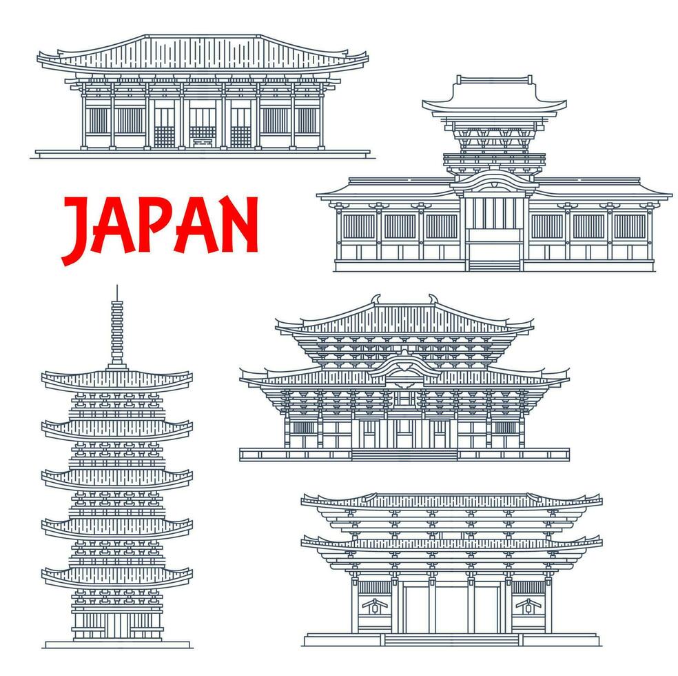 japonês templos, santuários, Japão pagodes dentro Nara vetor