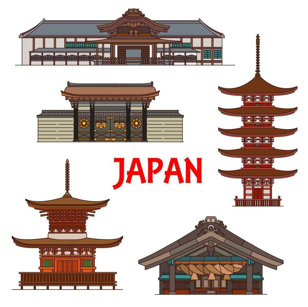 japonês templos, pagode santuários, Japão edifícios vetor