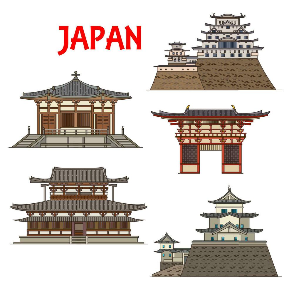 japonês templos, santuários, pagodes, Japão castelos vetor