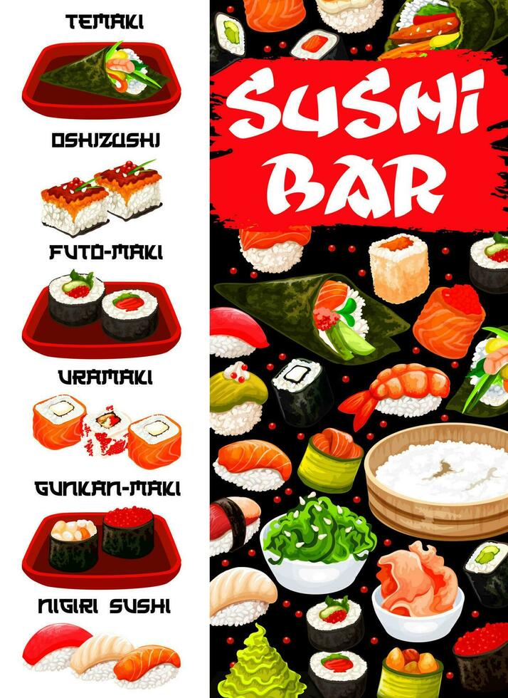 Sushi bar, japonês Comida cardápio cobrir vetor