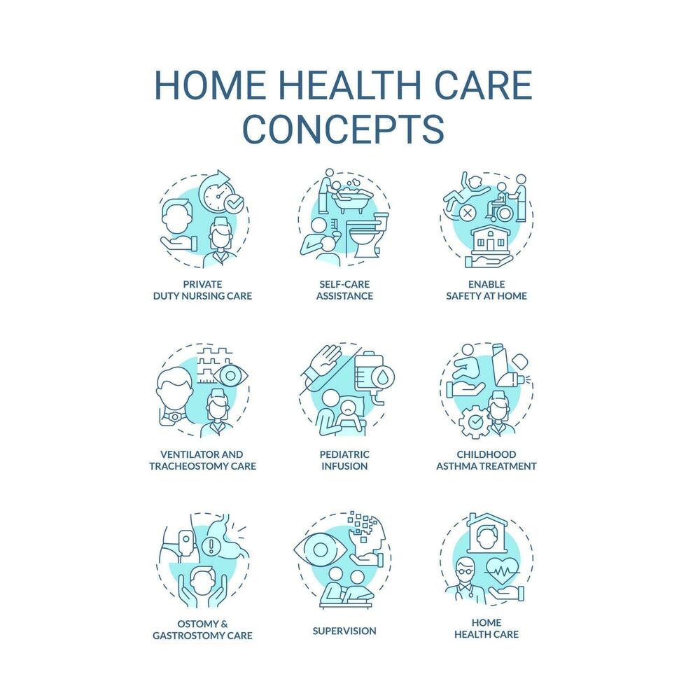 casa saúde Cuidado azul conceito ícones definir. médico Serviços fornecedores. enfermagem idéia fino linha cor ilustrações. isolado símbolos. editável acidente vascular encefálico vetor