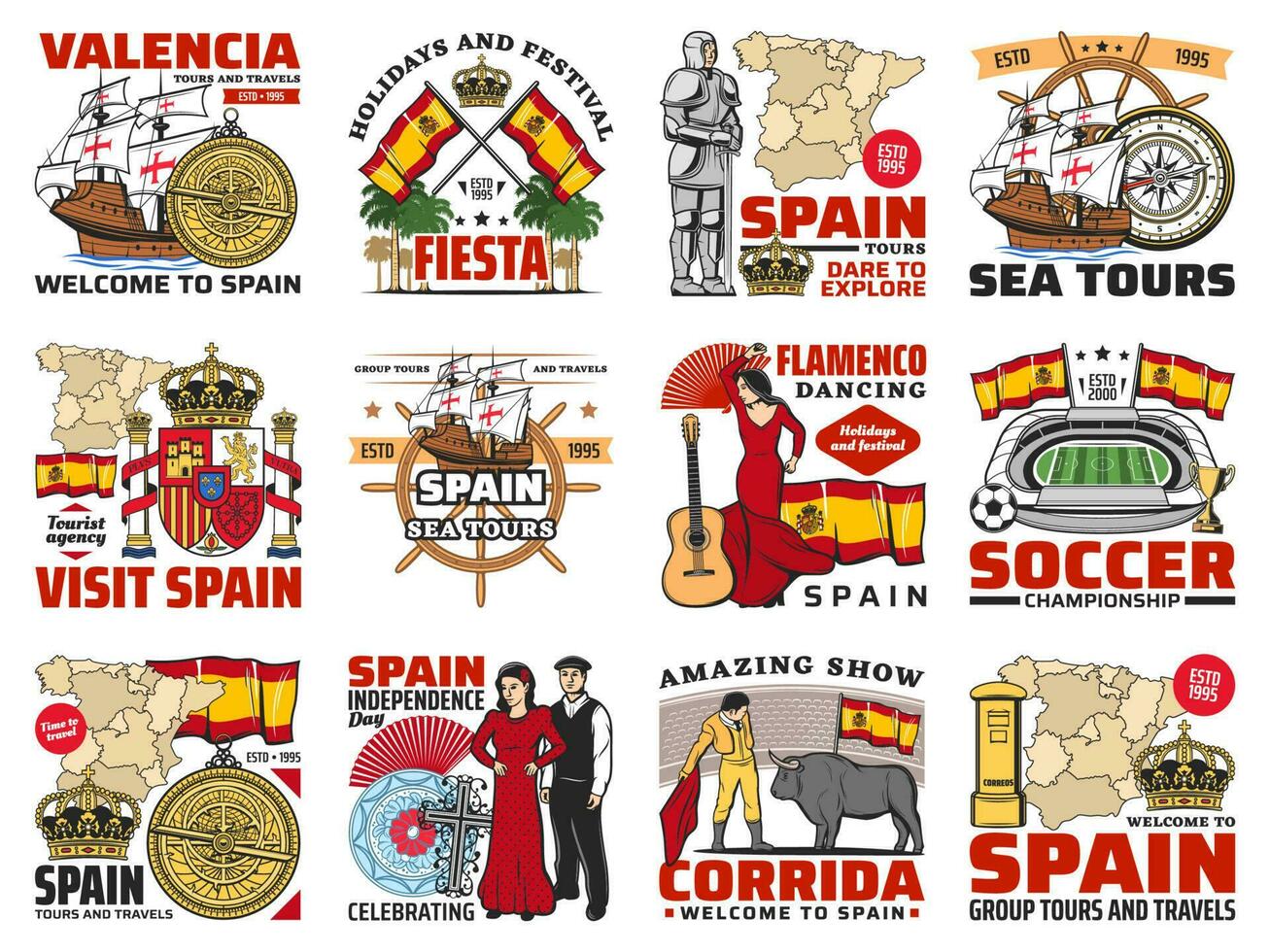 Espanha viagem, espanhol cultura e história ícones vetor