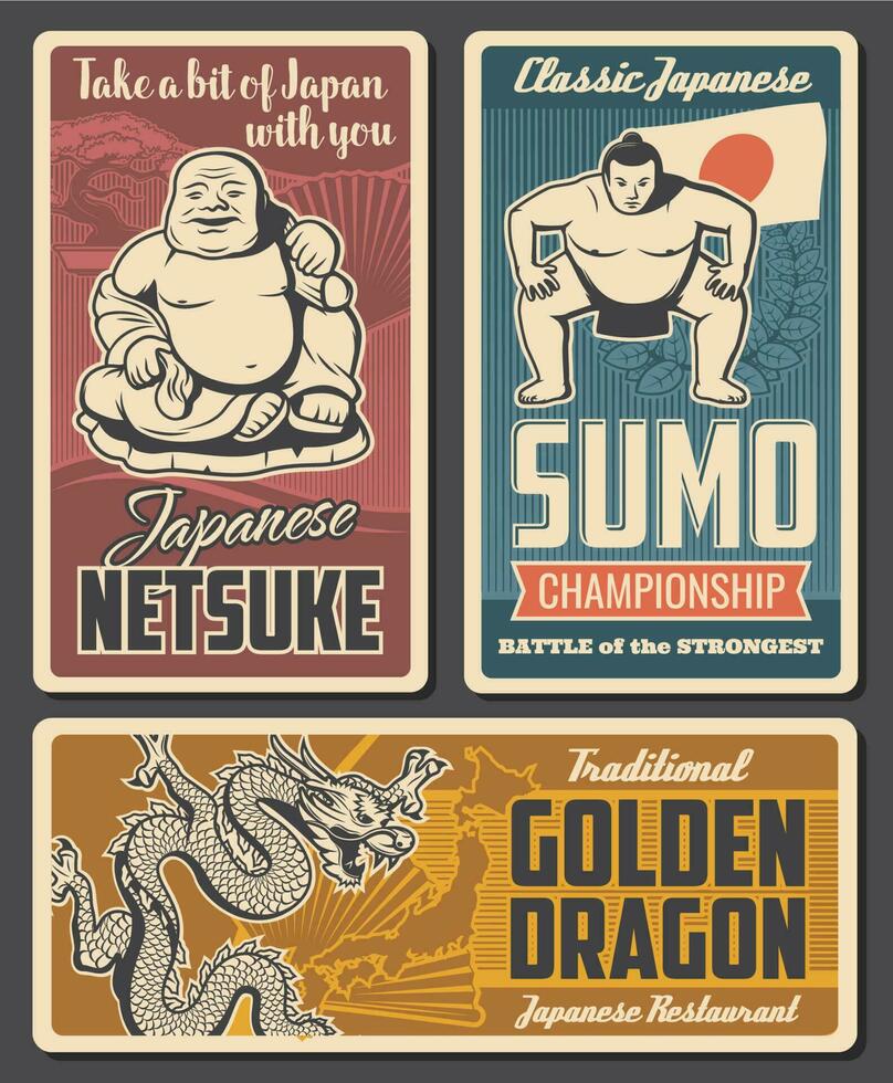 Japão netsuke, sumô e restaurante retro cartazes vetor