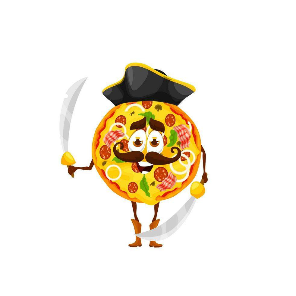 desenho animado pizza pirata personagem com sabres, refeição vetor