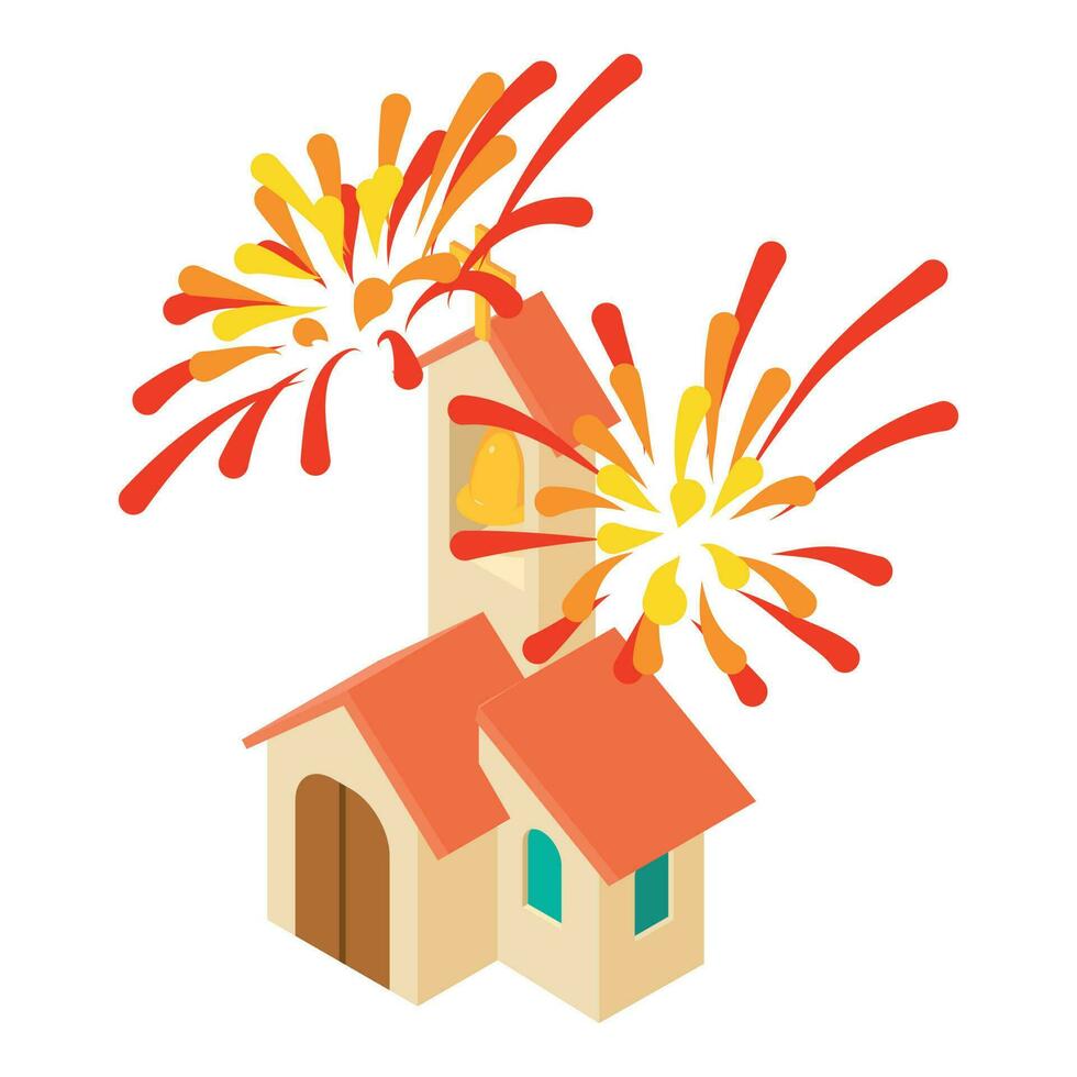 religioso feriado ícone isométrico vetor. Igreja construção Sino torre e fogo de artifício vetor