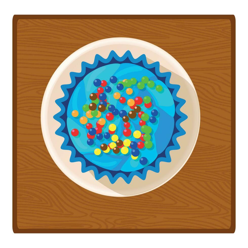 aniversário bolo ícone isométrico vetor. multicolorido bolo em de madeira quadrado mesa vetor