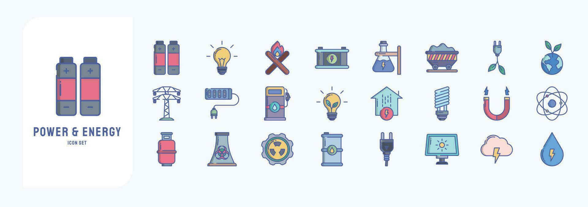 coleção do ícones relacionado para poder e energia, Incluindo ícones gostar bateria, lâmpada, elétrico poder, ecologia e Mais vetor