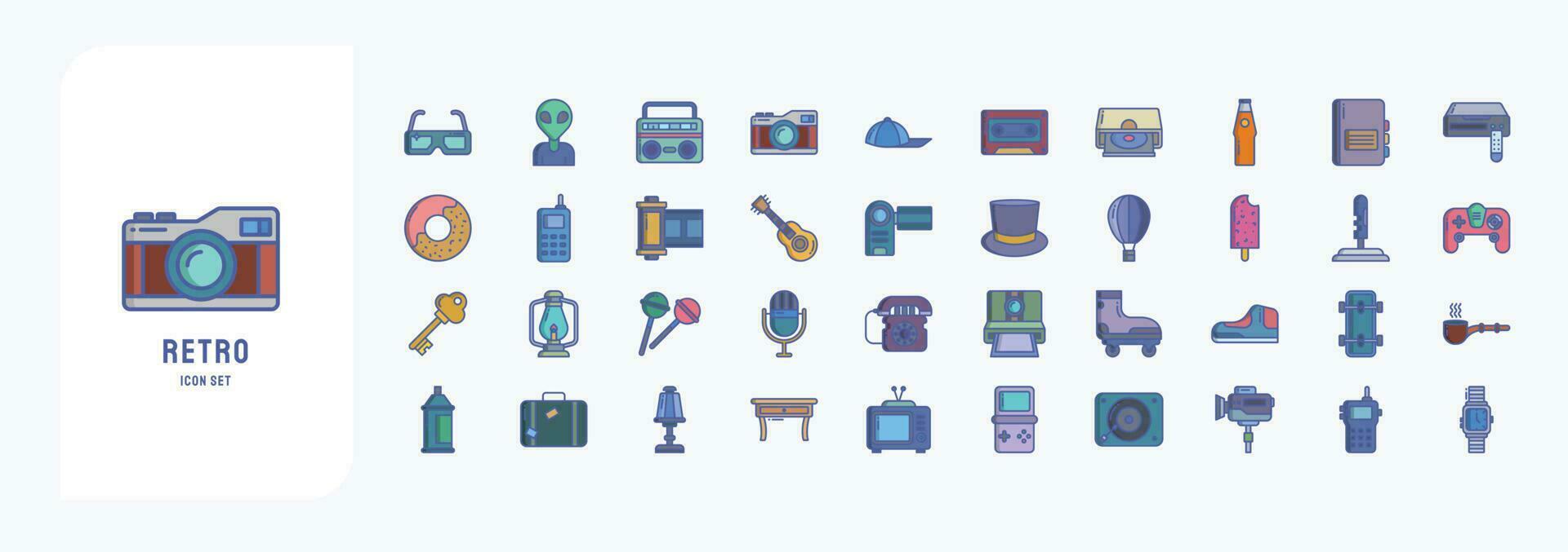 coleção do ícones relacionado para retro objetos, Incluindo ícones gostar estrangeiro, caixa de som, Câmera, cassete, rosquinha e Mais vetor