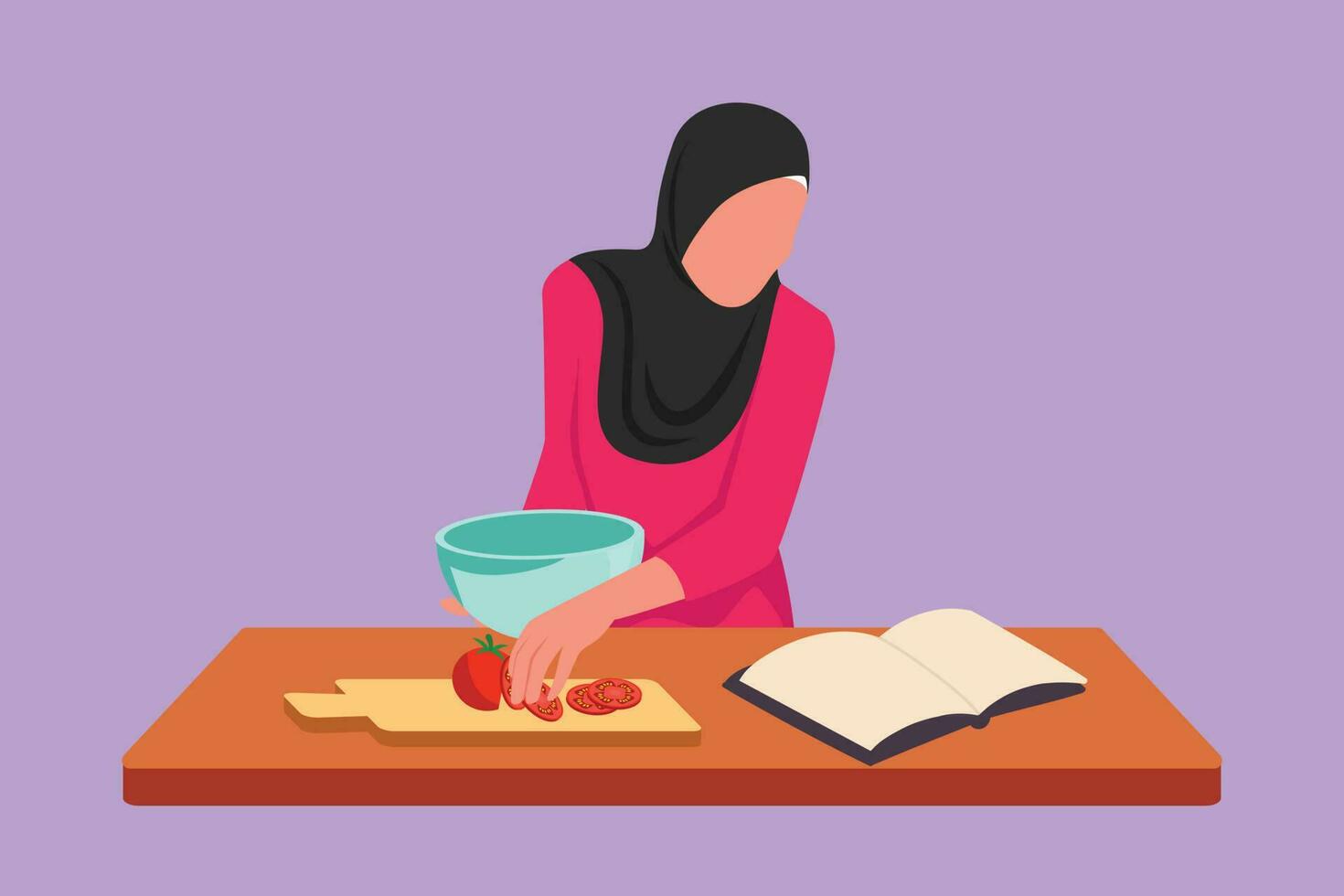 desenho animado plano estilo desenhando árabe mulher cozinhando refeição enquanto lendo tutorial livro em acolhedor cozinha mesa às lar. feliz esposa preparando saudável Comida para família café da manhã. gráfico Projeto vetor ilustração