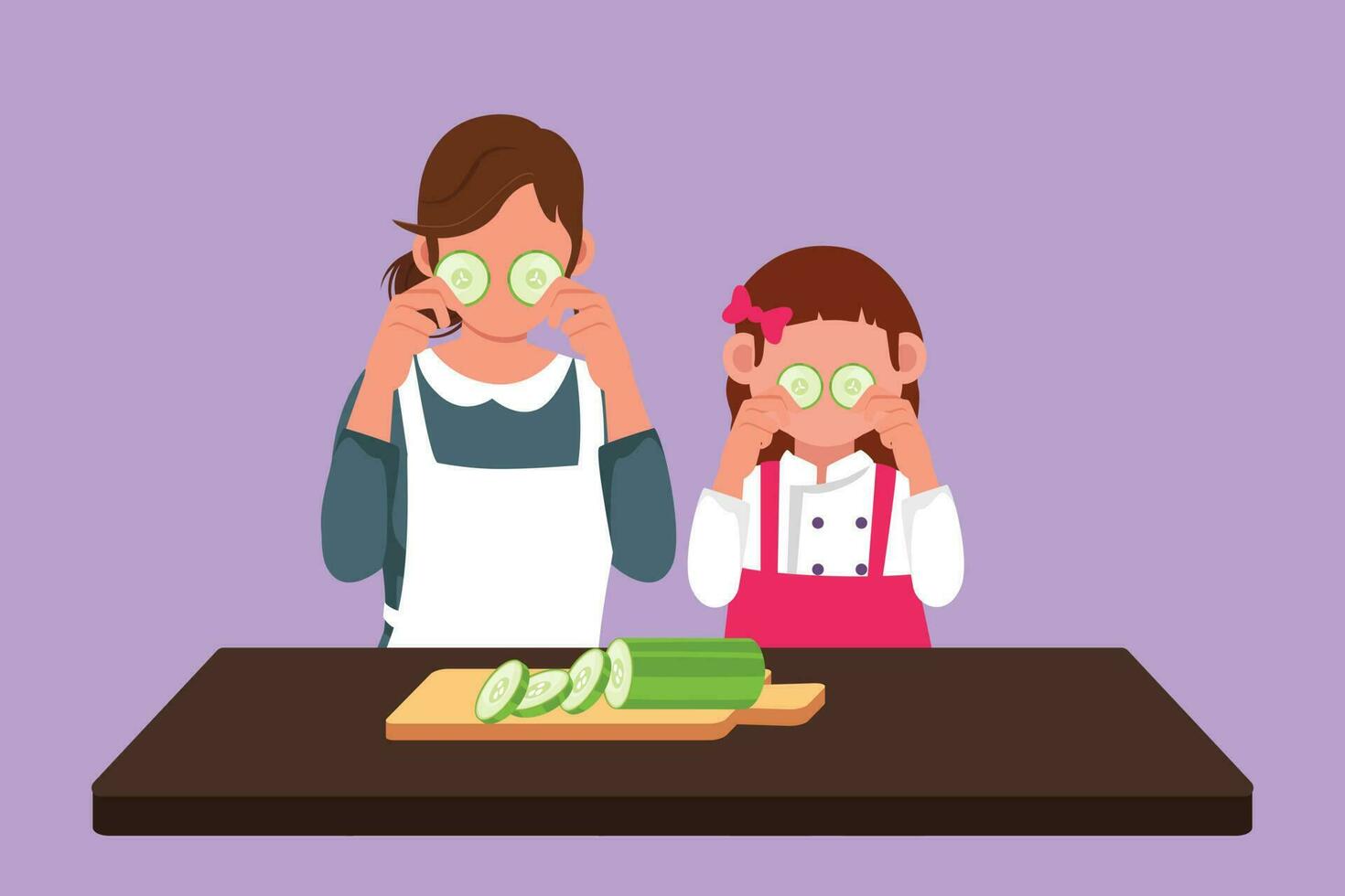 personagem plano desenhando fofa pequeno menina e dela lindo mãe estão segurando fatias do pepino e sorridente enquanto cozinhando dentro cozinha às lar. feliz mãe e filha. desenho animado Projeto vetor ilustração