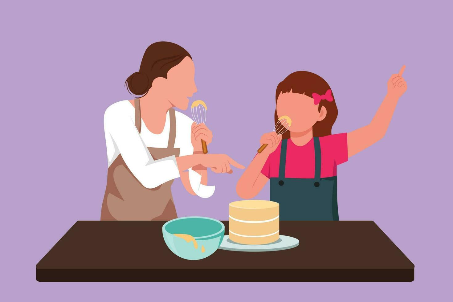 personagem plano desenhando alegre mãe e pequeno filha cantando enquanto cozinhando doce bolo junto, usando espátula Como microfones. feliz mãe e criança às cozinha. desenho animado Projeto vetor ilustração