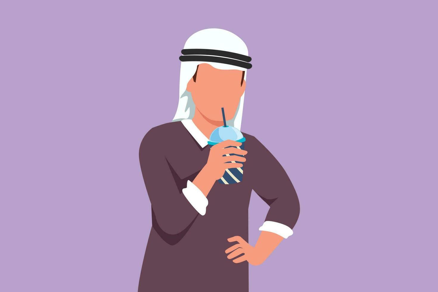 gráfico plano Projeto desenhando retrato do árabe masculino bebendo laranja suco a partir de plástico copo com 1 mão em a cintura. sente com sede e refrescante dentro verão temporada. desenho animado estilo vetor ilustração