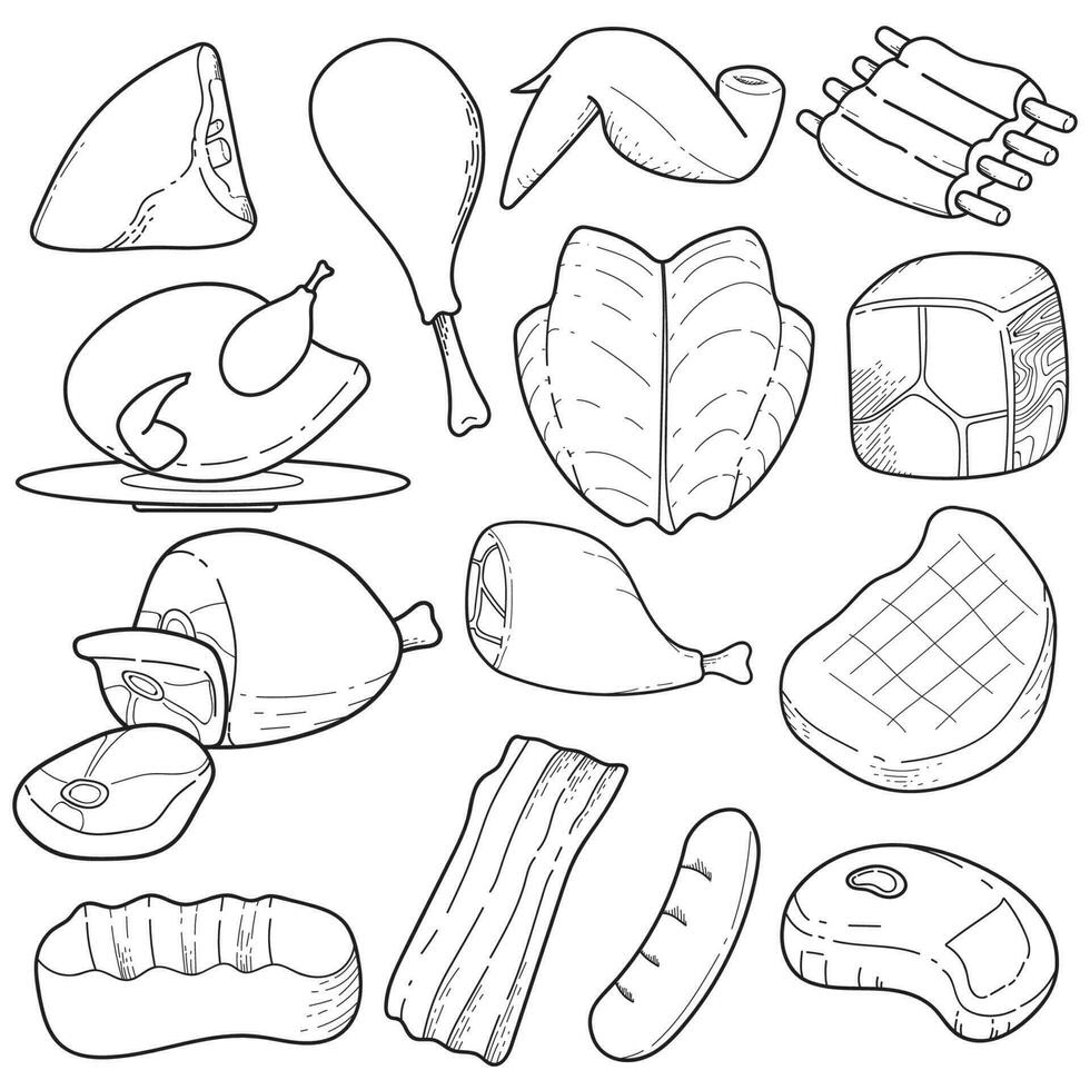 conjunto do desenhado à mão rabisco ilustrações do carne vetor