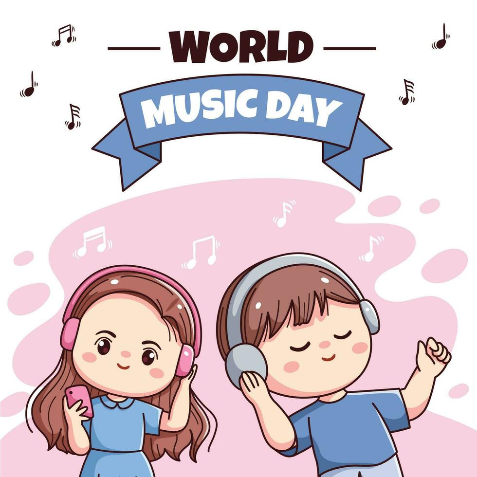 mundo música dia Instagram postar fofa feliz Garoto e menina chibi personagem com fone de ouvido social meios de comunicação modelo vetor