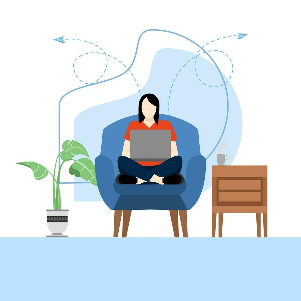 jovem mulher é sentado com computador portátil em sofá cadeira às lar. trabalhos em a computador. freelance, conectados Educação ou social meios de comunicação conceito. vetor ilustração isolado em branco