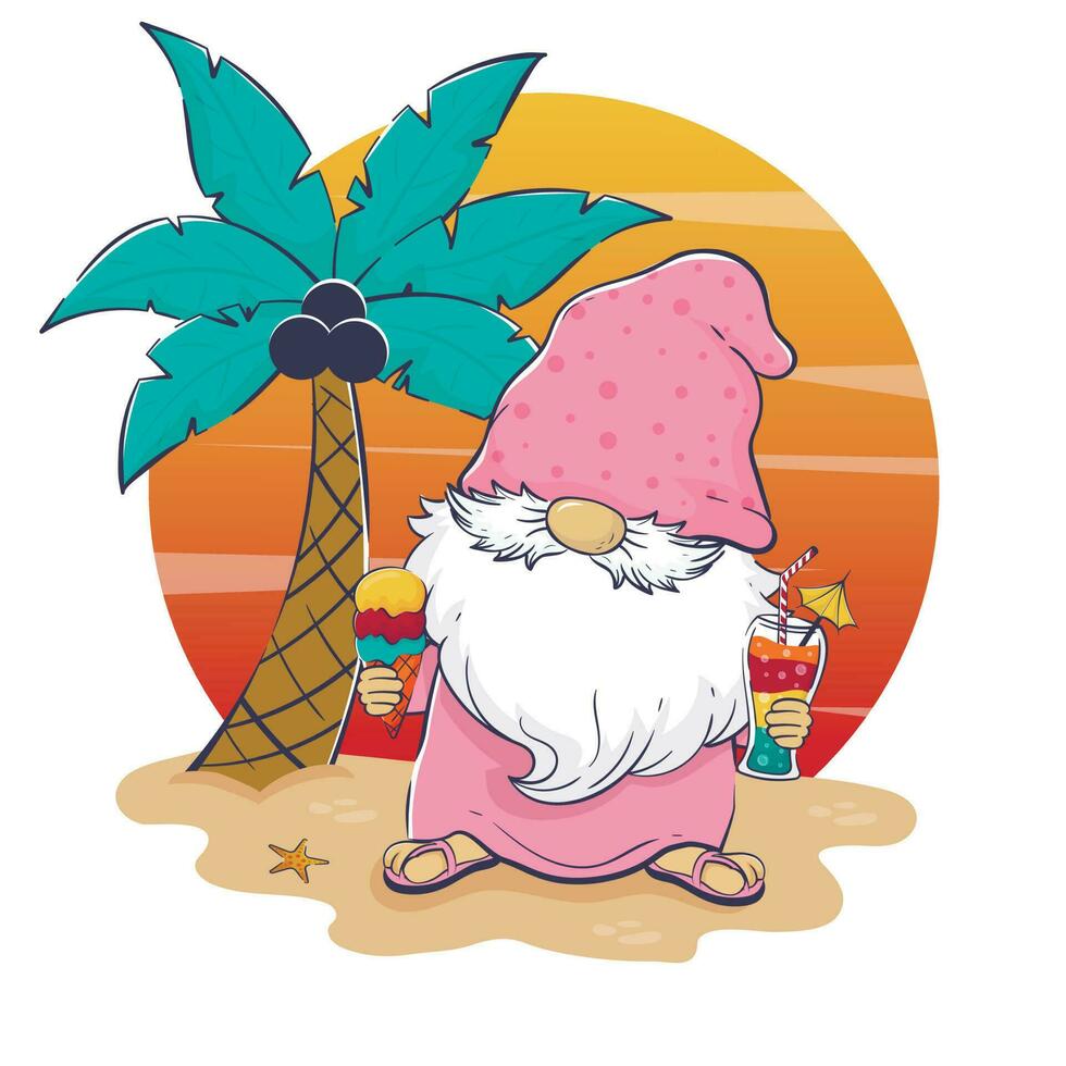Olá verão desenho animado fofa duende bebendo coquetel e comendo gelo creme em a de praia com pôr do sol e Palma árvore fundo vetor