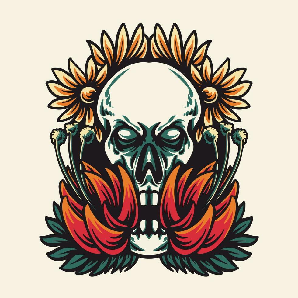 crânio e flores tatuagem retro vetor ilustração