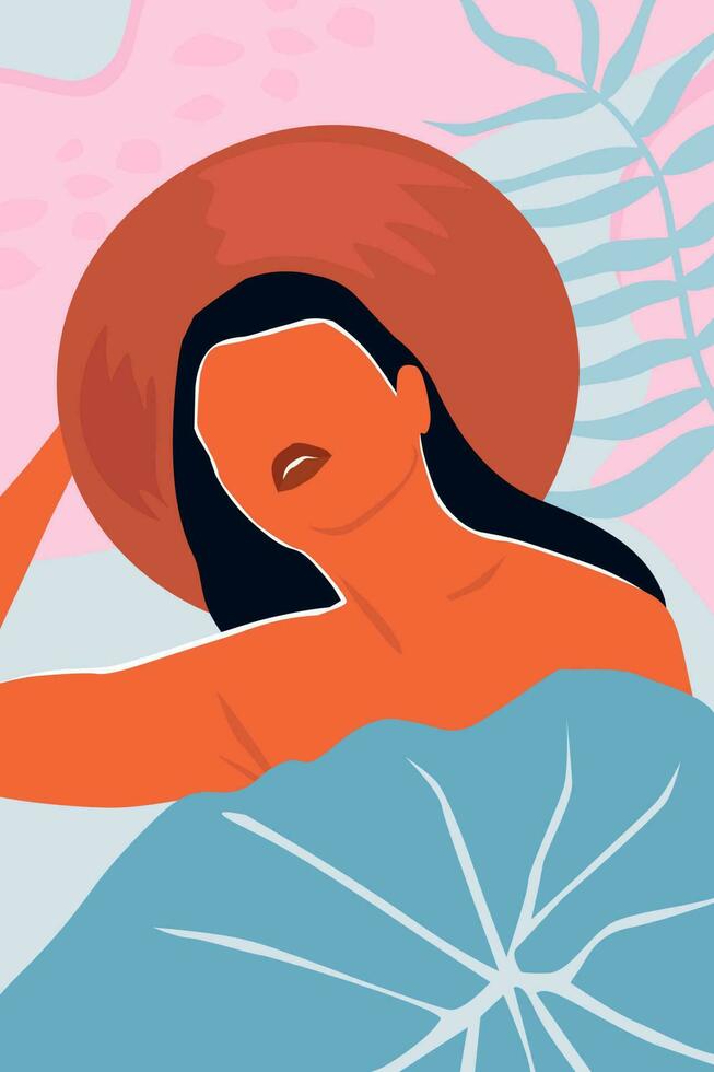 abstrato poster com uma lindo menina dentro uma chapéu com nu ombros, bronzeada pele contra a fundo do verão tropical folhas. retrato do uma mulher dentro perfil em período de férias. vetor gráficos.