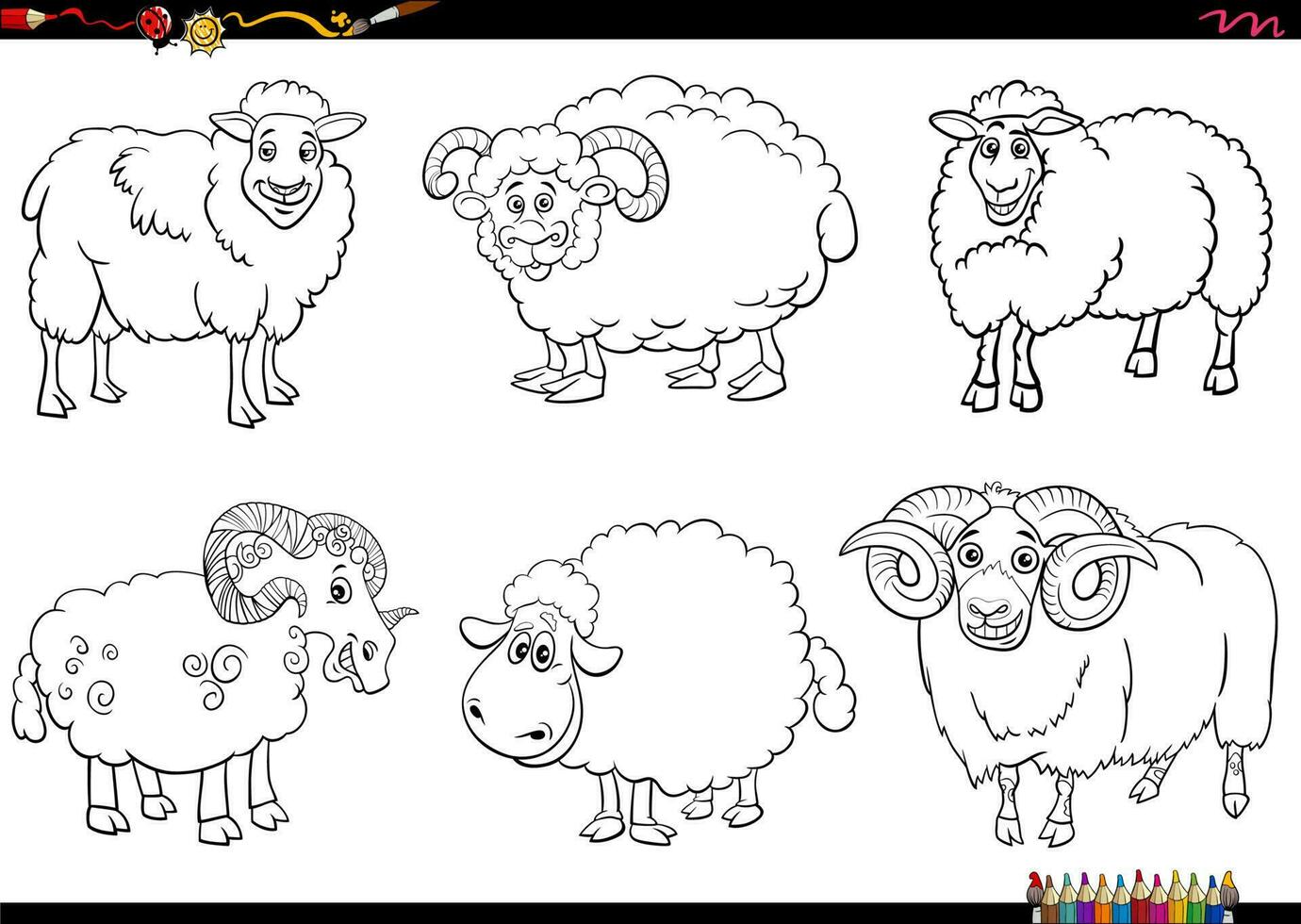 desenho animado ovelha Fazenda animal personagens conjunto coloração página vetor