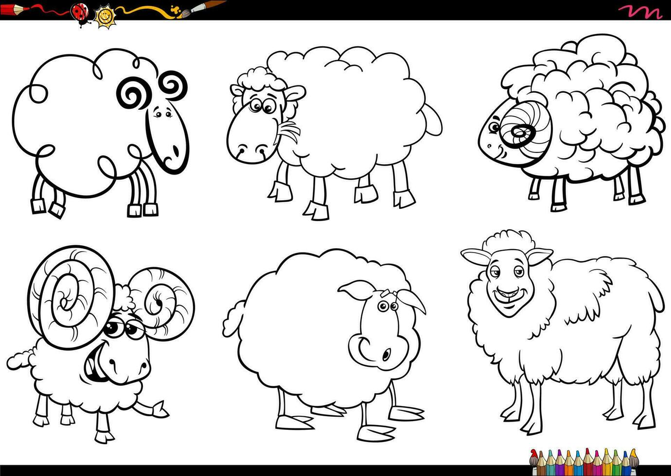 desenho animado ovelha Fazenda animal personagens conjunto coloração página vetor