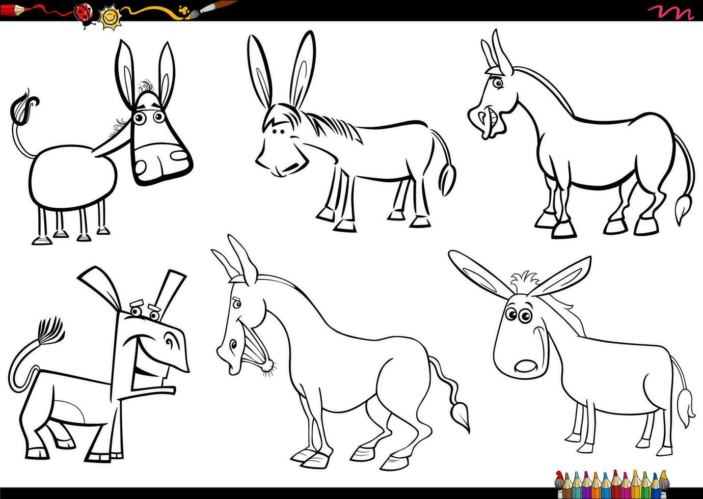 desenho animado burros Fazenda animal personagens conjunto coloração página vetor