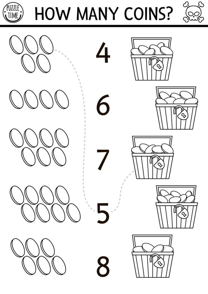 Preto e branco Combine a números pirata jogos com Tesouro peito e dourado moedas. Tesouro ilha caçar matemática atividade para pré escola crianças. mar aventuras contando planilha ou coloração página vetor