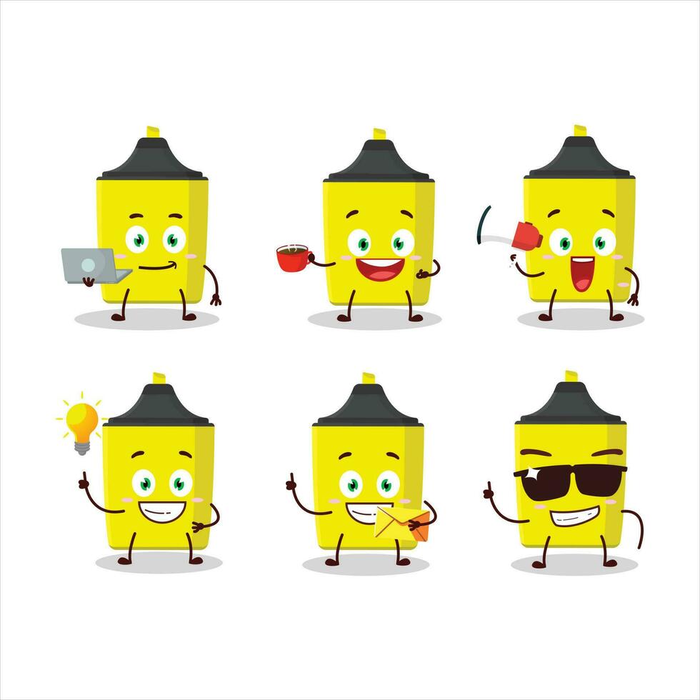 amarelo marcador desenho animado personagem com vários tipos do o negócio emoticons vetor