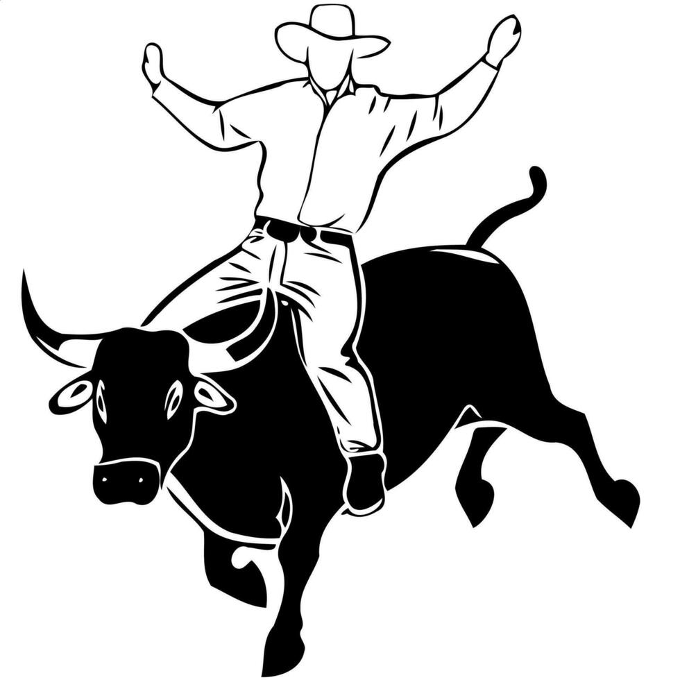 vaqueiro homem equitação uma touro às uma rodeio touro equitação Preto e branco silhueta vetor