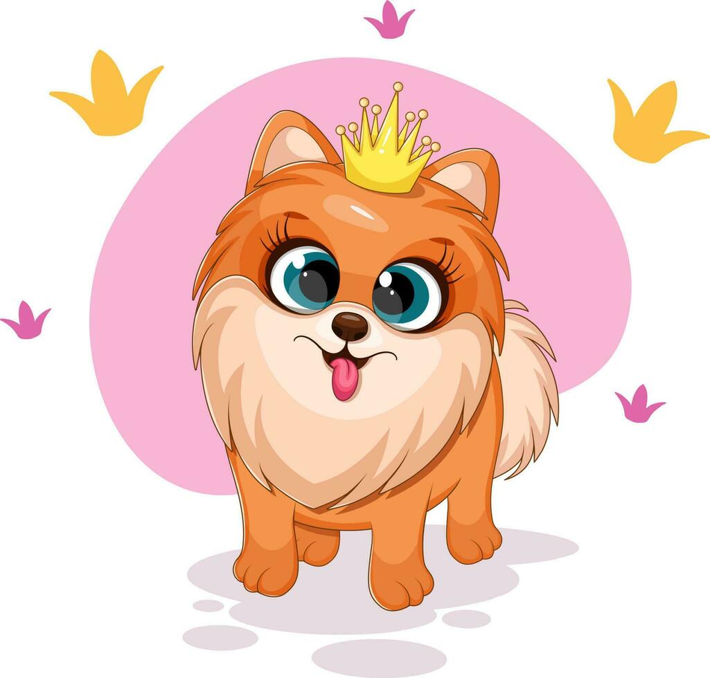 desenho animado e engraçado cachorro, pequeno princesa, pomerânia spitz com coroa vetor